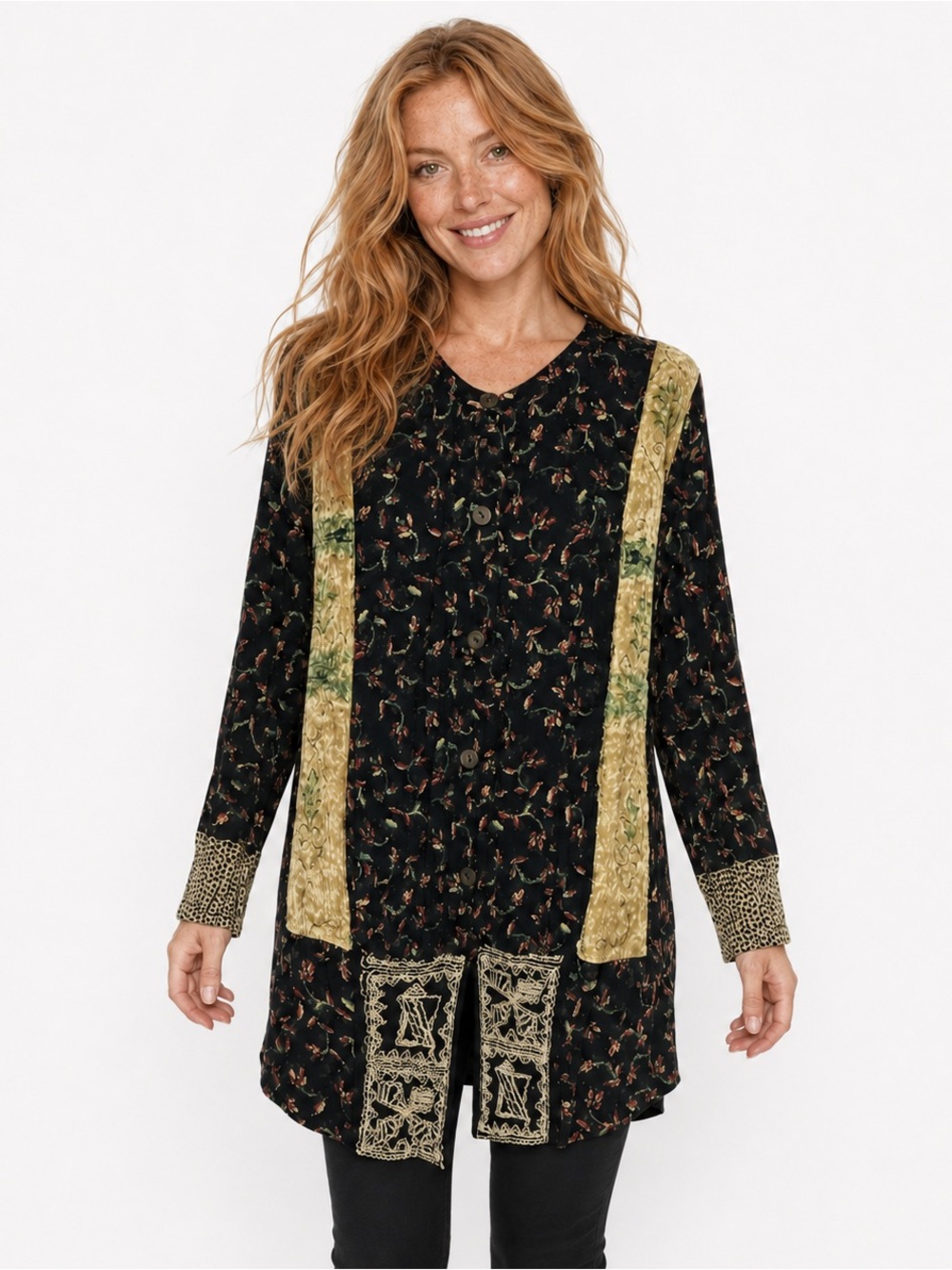 Vintage 90s Carole Little Size 12 Rayon Patchwork Embroidered Tunic Top